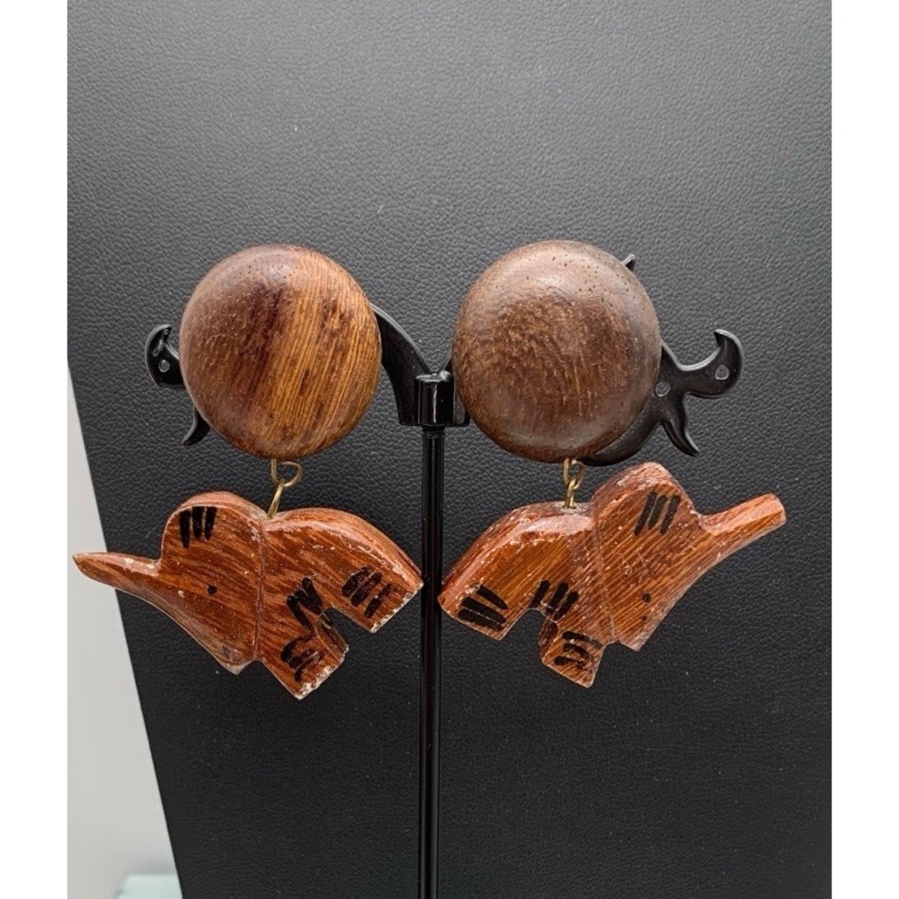 Vintage Carved Wood Hand Painted Elephant Safari Dangle Earrings
